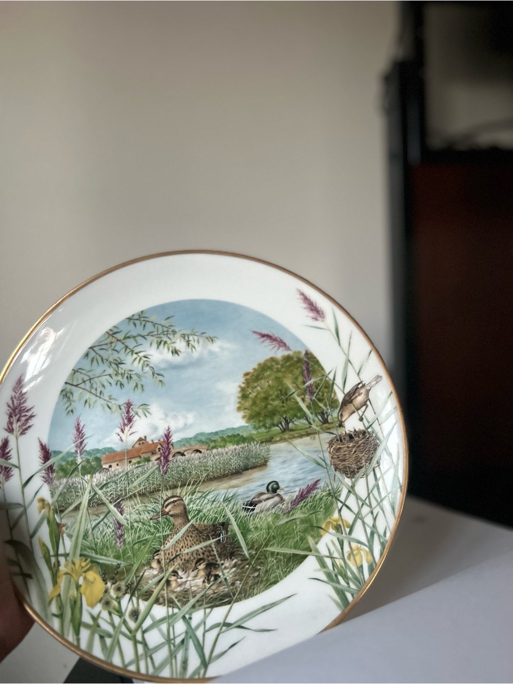 The woodland year vintage Decorative Waterfowl Porcelain Plate w/ Gold Rim White